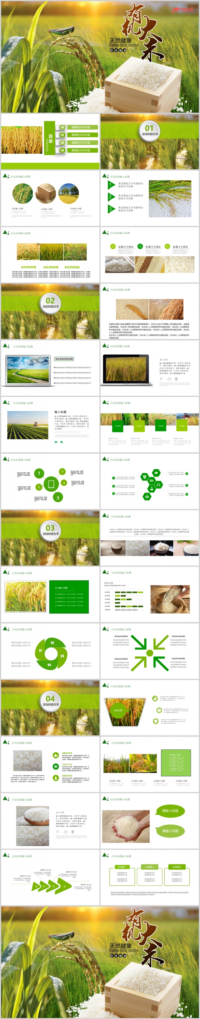 有机绿色稻田水稻大米农业丰收ppt模板