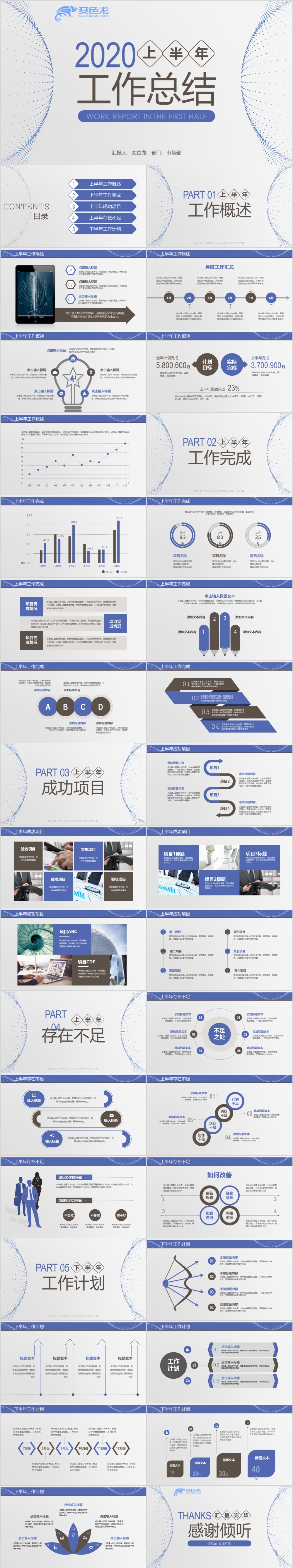 紫色简洁清爽年中工作总结员工述职报告ppt模板