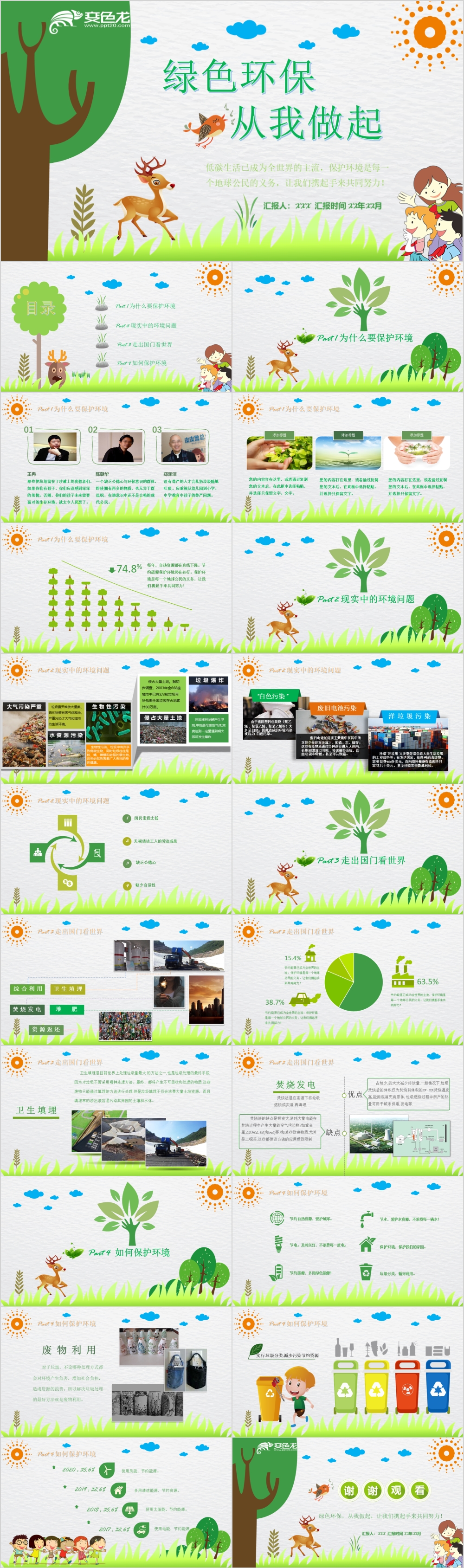卡通精美绿色环保从我做起保护环境知识宣传ppt模板