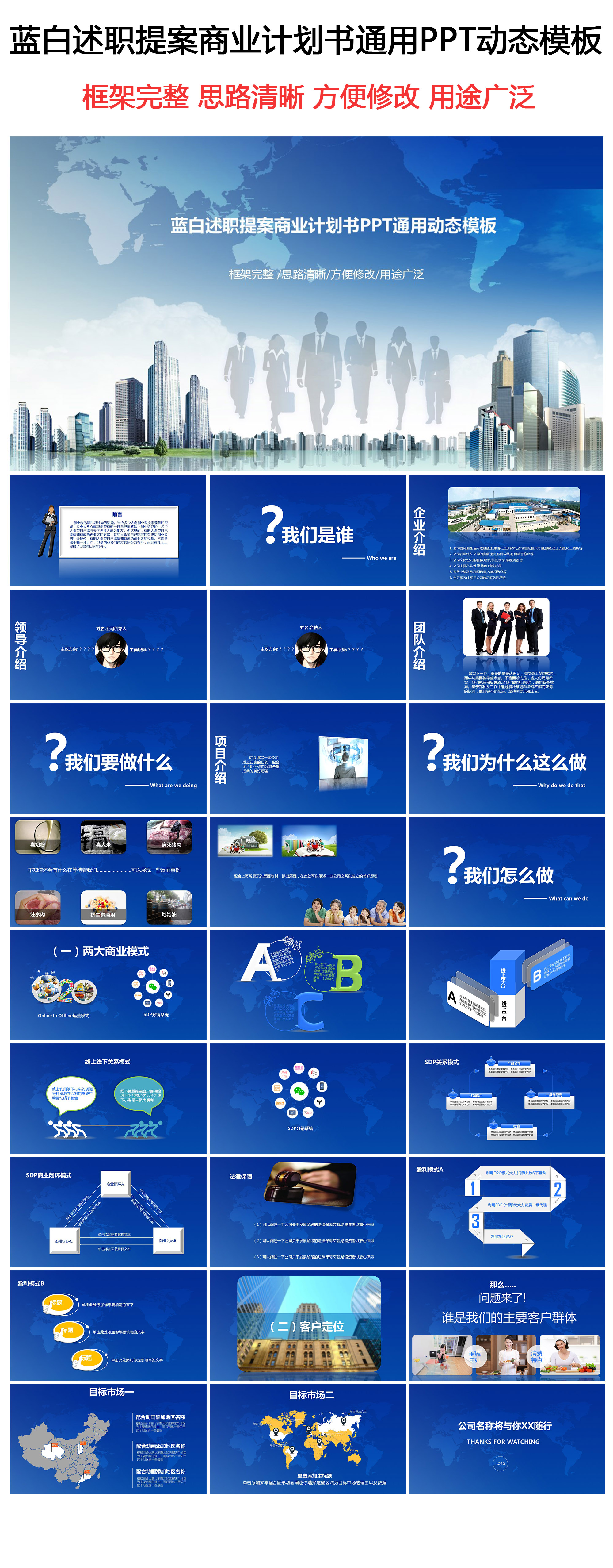 蓝白风格商业计划书商务报告述职ppt通用模板