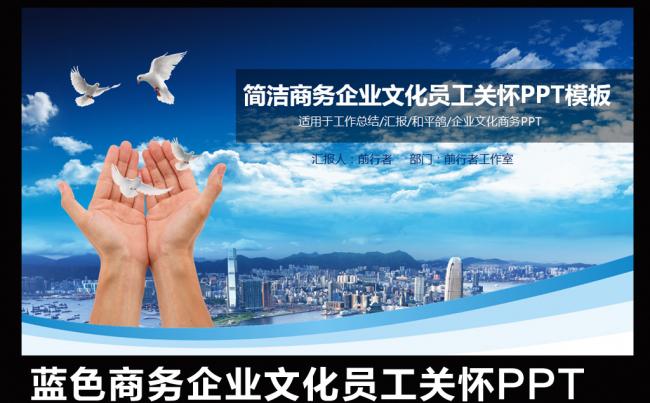 蓝色简洁商务企业文化员工关怀和平鸽城市宣传政府机关单位会议交流PPT缩略图
