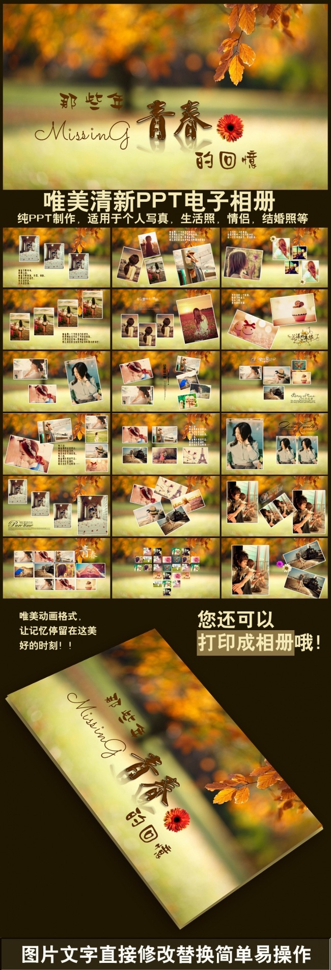  唯美梦幻秋意树叶青春回忆个人写真生活照结婚情侣恋爱生日PPT电子相册模板