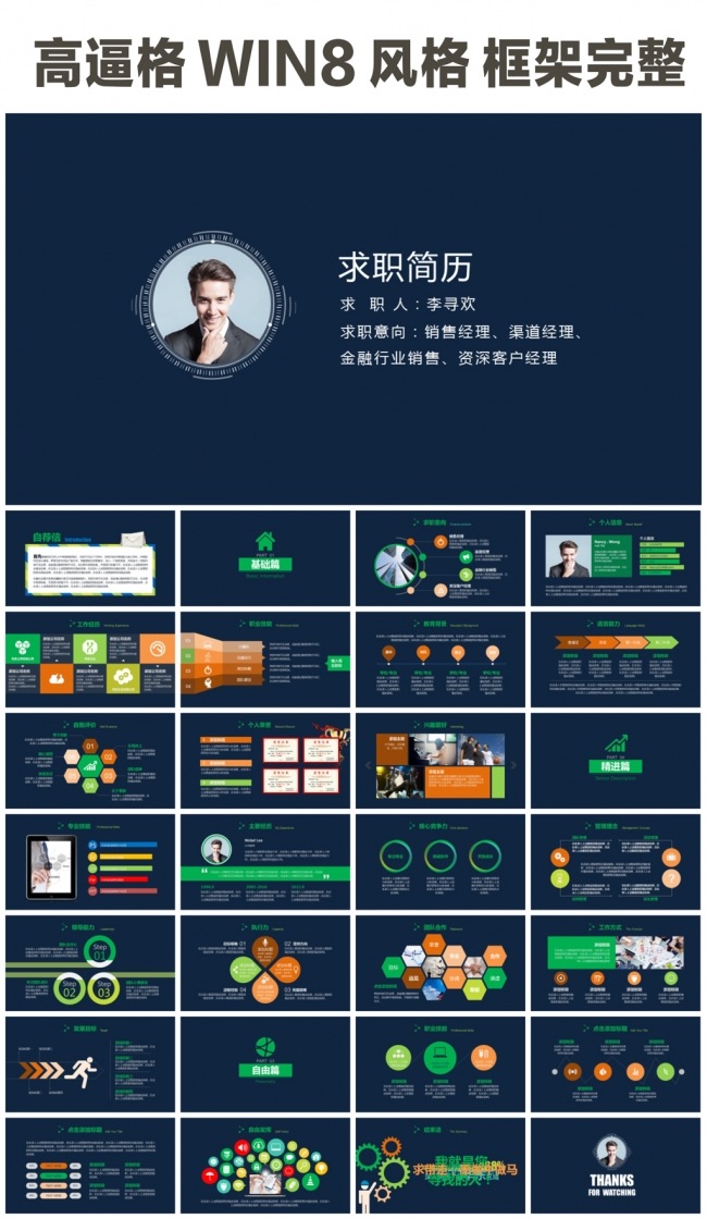 WIN8风格个人简历岗位竟聘扁平化PPT模板模板下载