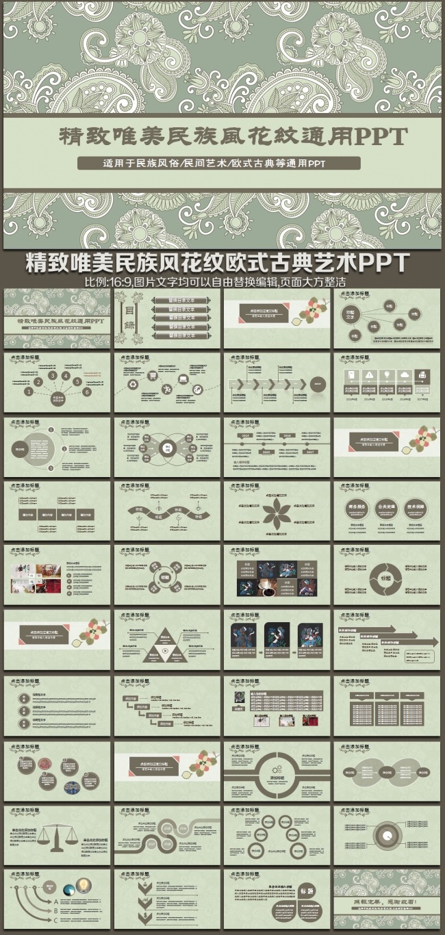 民族风格传统文化欧式花纹古典服饰 奢华布艺PPT模板