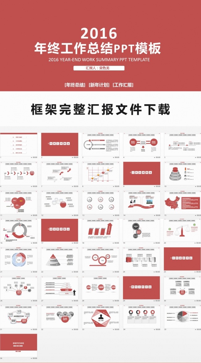 红色框架完整工作汇报年终总结PPT素材通用模板