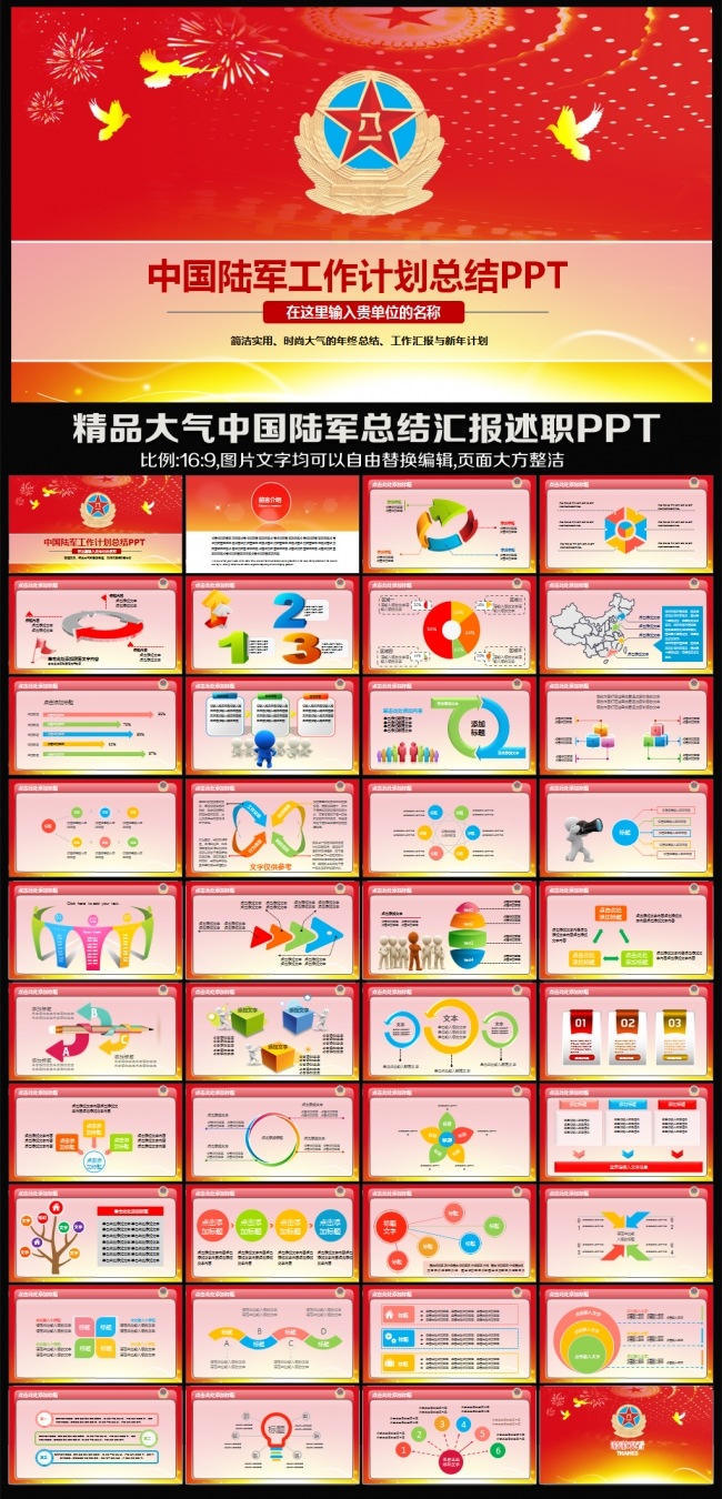 红色精美大气军队国防海陆空军强军军事动态工作总结汇报述职报告会议计划PPT模板