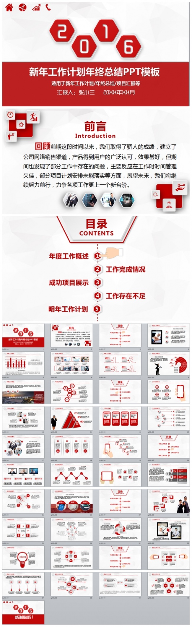2016红色框架完整年终汇报工作总结PPT