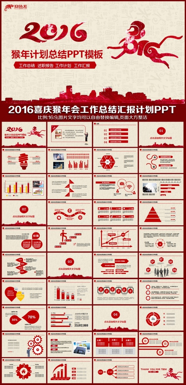 2016猴年红色喜庆年终工作总结新年计划会议交流述职报告年会PPT模板
