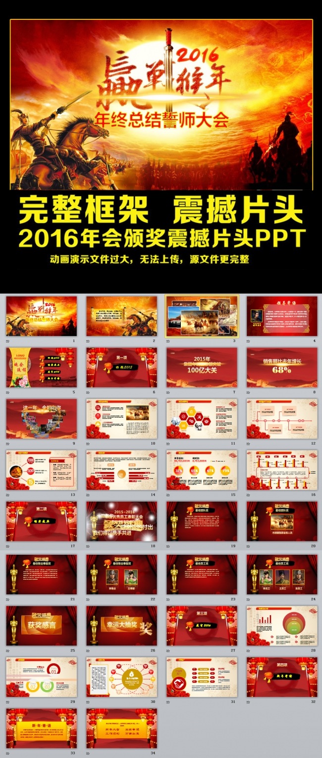 赢战猴年2016年终工作总结颁奖年会PPT模板下载
