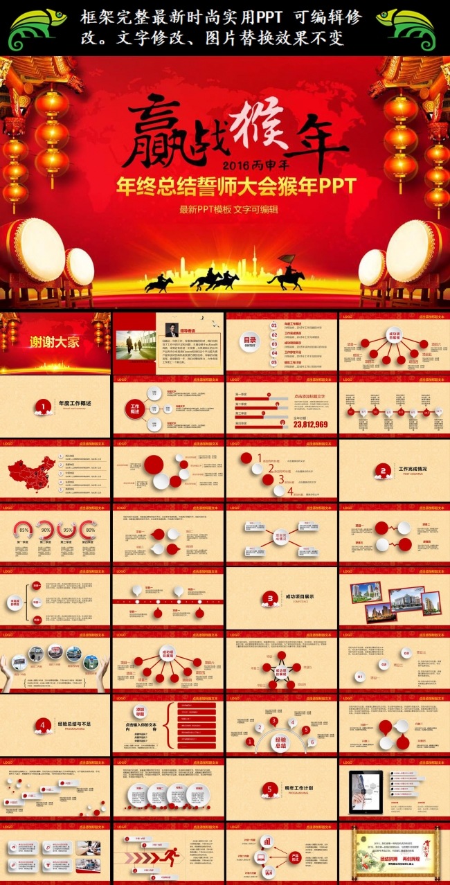 2016猴年年终总结企业年会新年计划PPT