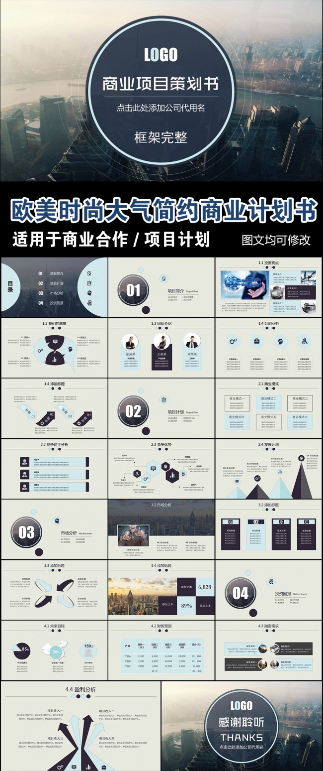 欧美时尚大气简约商业策划书创业计划PPT