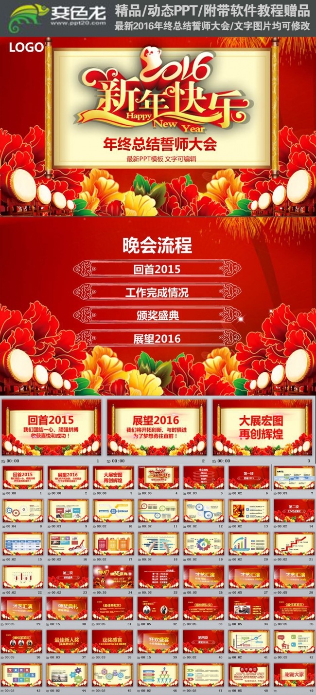 红色大气2016年新年快乐猴年企业总结誓师大会PPT