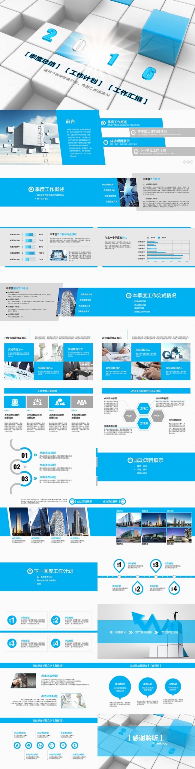高端蓝色立体工作总结报告PPT模板
