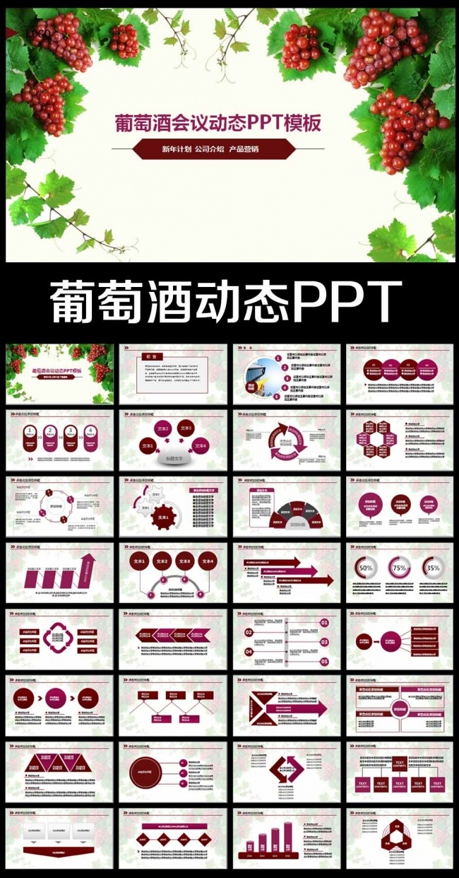 清新简约红酒PPT葡萄PPT模板