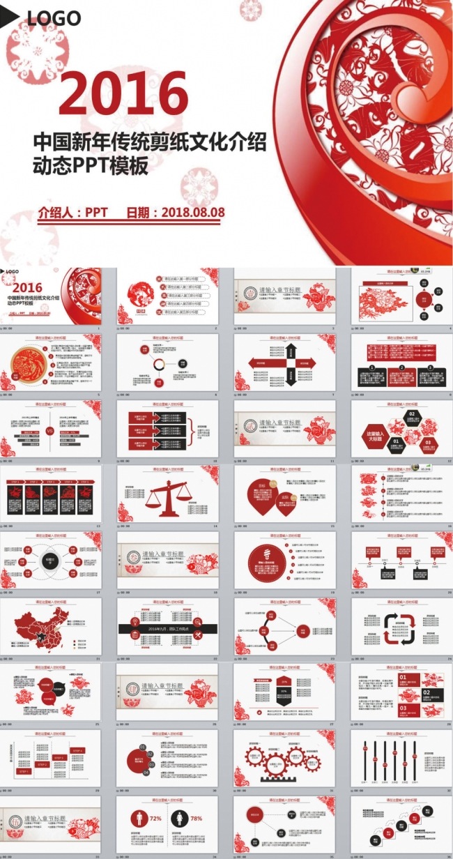 2016中国新年传统剪纸文化介绍动态PPT模板