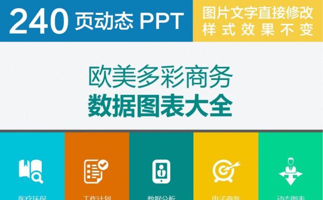 240页动态PPT模板—动感彩色欧美商务风数据分析图表通用大集合缩略图