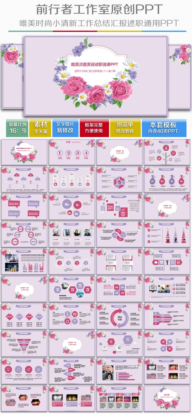 唯美小清新文艺风格总结述职报告PPT模板