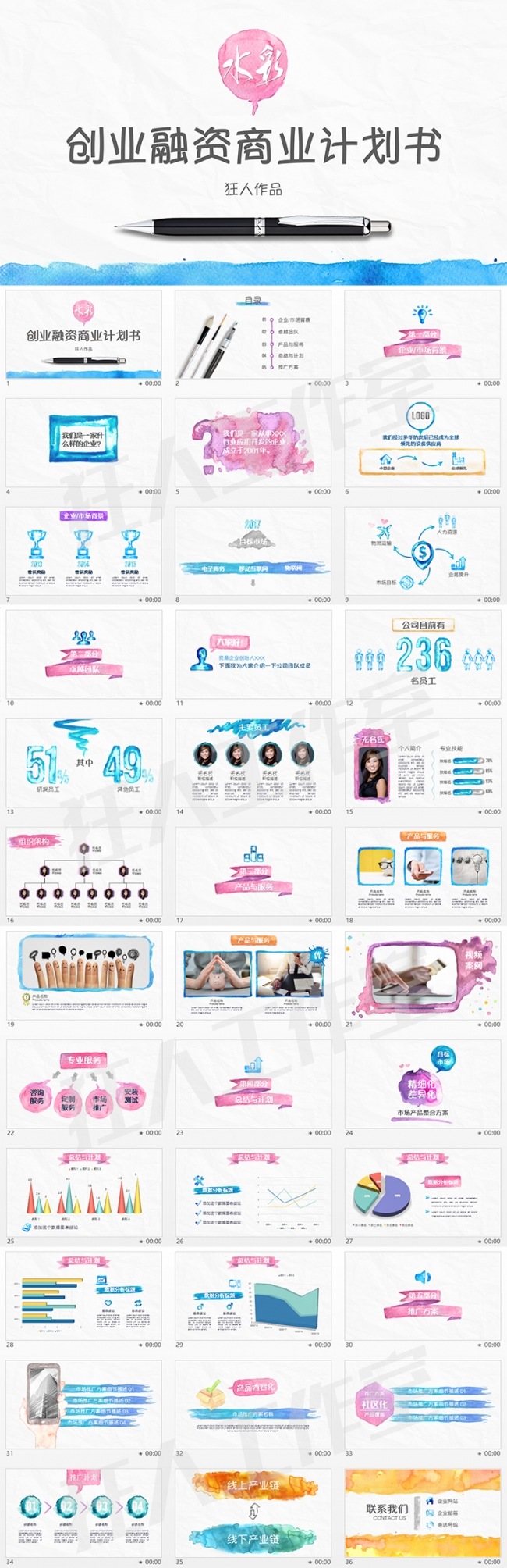 【狂人作品】水彩风格创意ppt模板