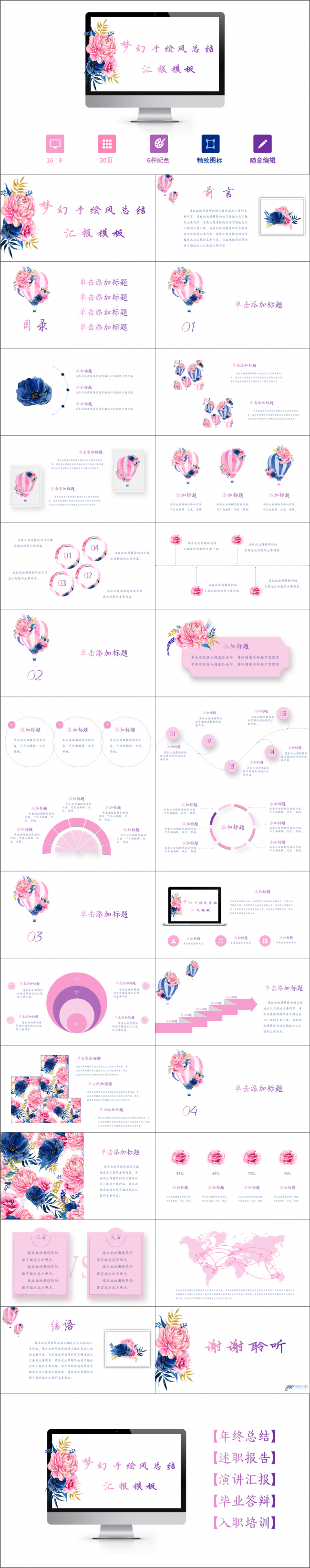 【手绘玫瑰】梦幻手绘风总结汇报模板（动静双版）.ppt