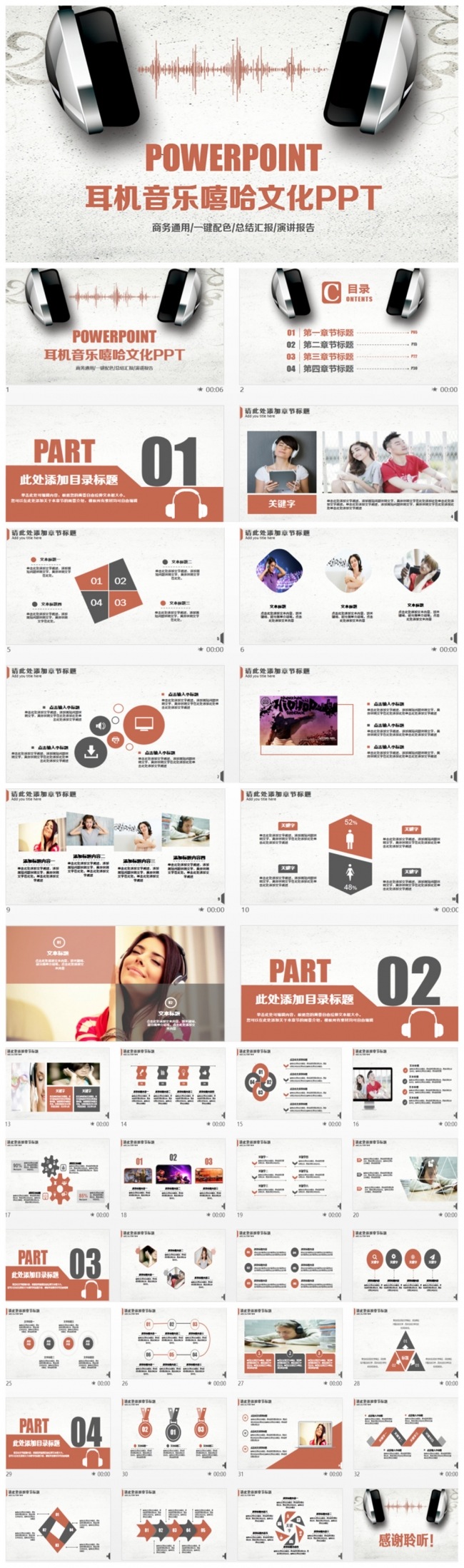 简约清新耳机耳塞音乐嘻哈文化PPT