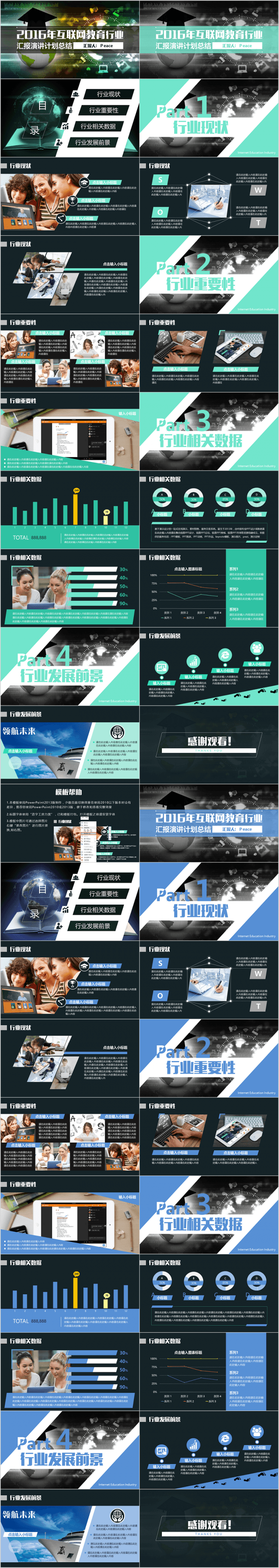 互联网教育行业汇报总结数据分析PPT青蓝动态双色系