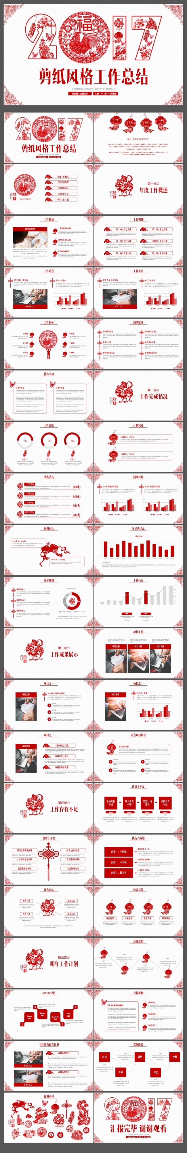 2017鸡年中国红剪纸年终总结ppt