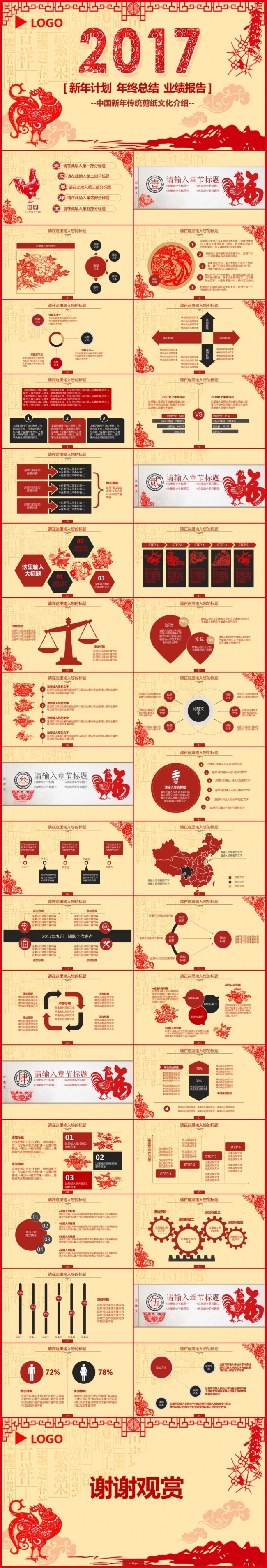 2017中国红剪纸风企事业通用PPT