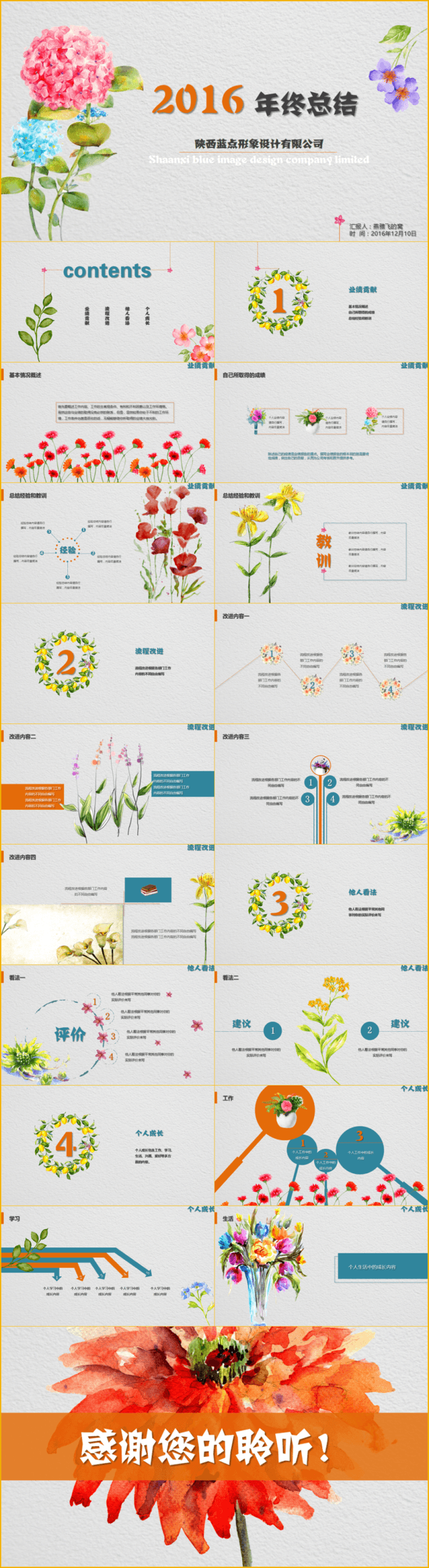 手绘花卉简约总结性ppt