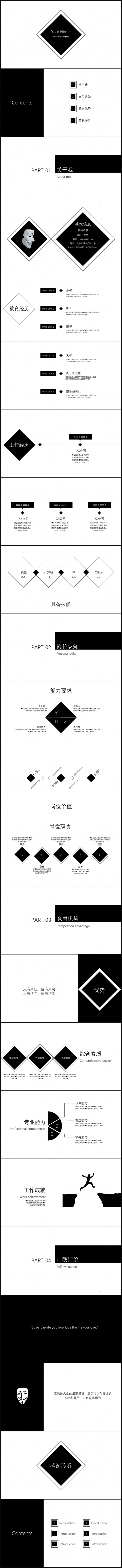 创意个人简历自我介绍岗位竞聘简约简洁大气黑白通用ppt模板