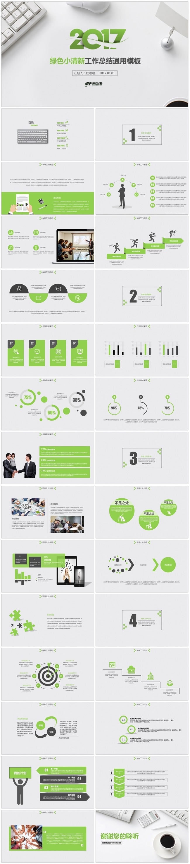 绿色小清新工作总结述职报告PPT通用动画模板