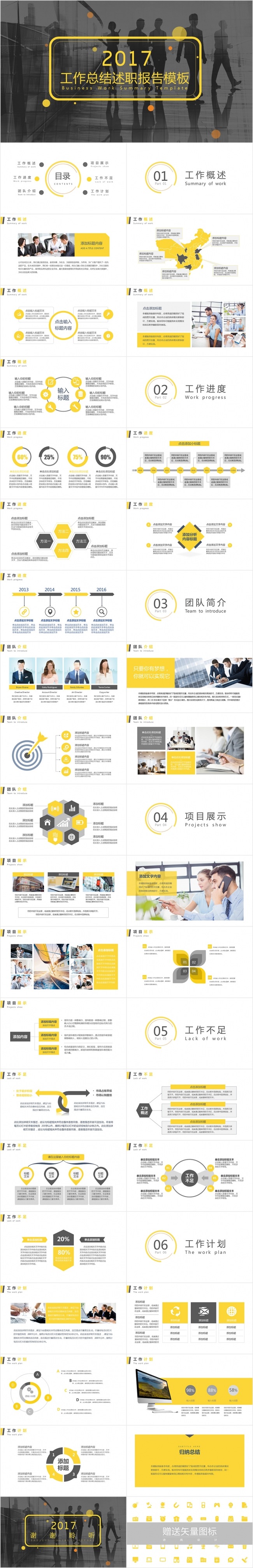 2017黄色扁平化述职报告工作总结汇报PPT模板