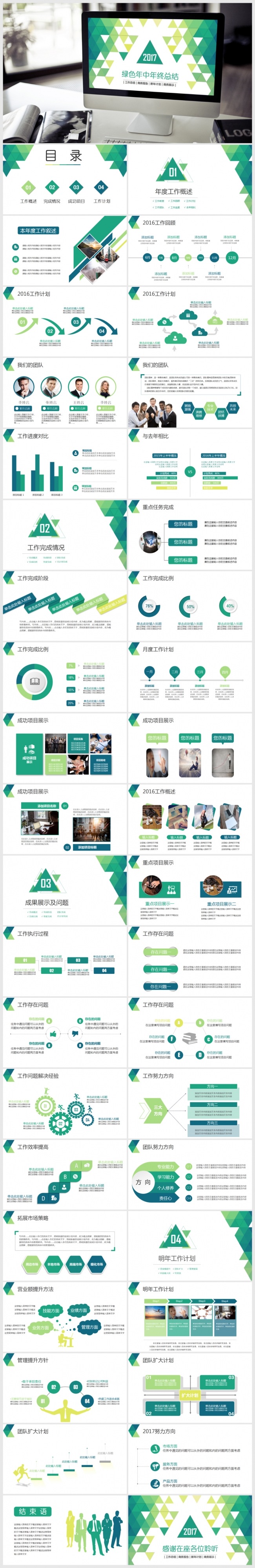绿色清新简约年终年中总结汇报商务PPT