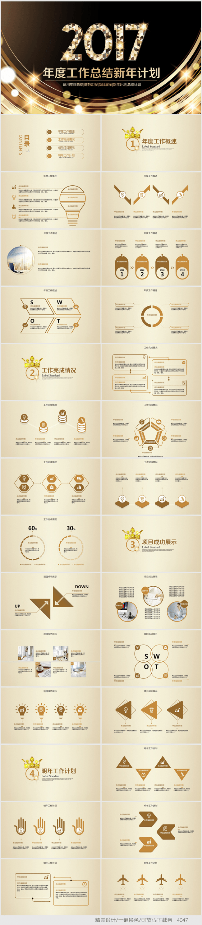 2017年金色华丽星光璀璨年终总结ppt模板