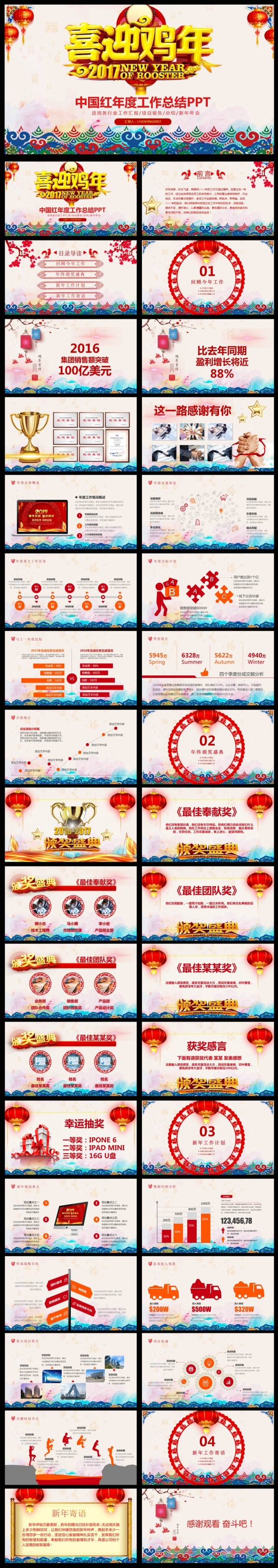 2017喜庆鸡年年终工作总结暨年会ppt模板