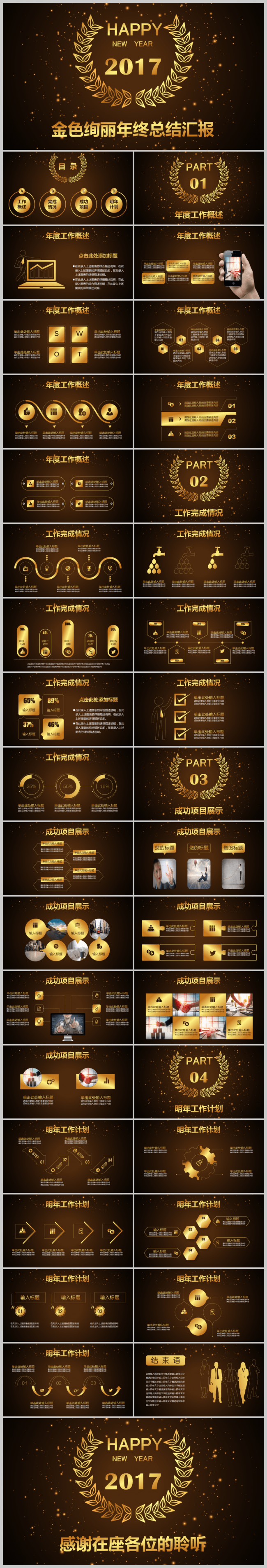 金色绚丽花卉炫酷年终总结工作汇报商务PPT