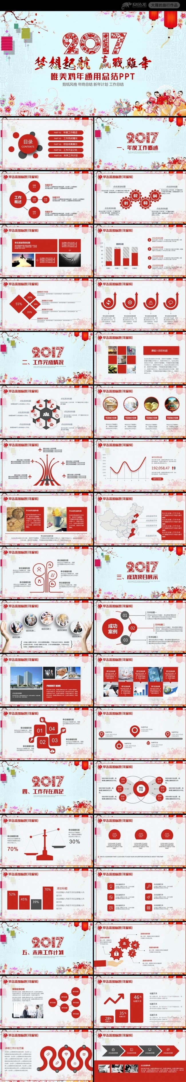 喜庆唯美鸡年2017工作计划年终总结PPT模板