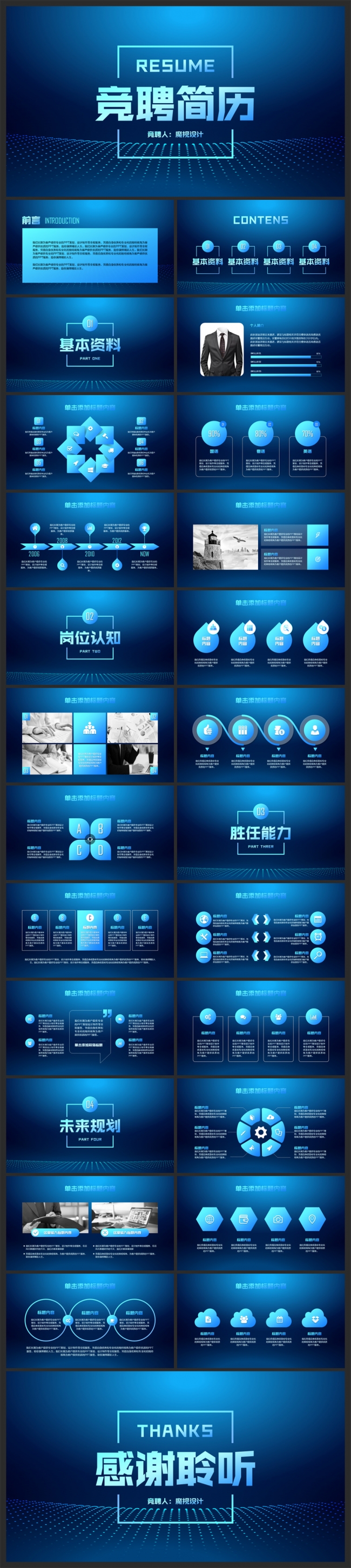 【moses演示】极简炫蓝大气个人简历竞聘报告ppt模板