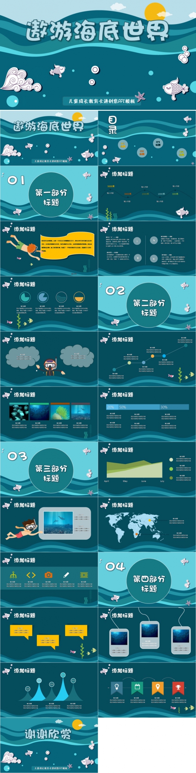 卡通动漫创意遨游海底世界儿童成长教育幼儿园教师课件PPT模板