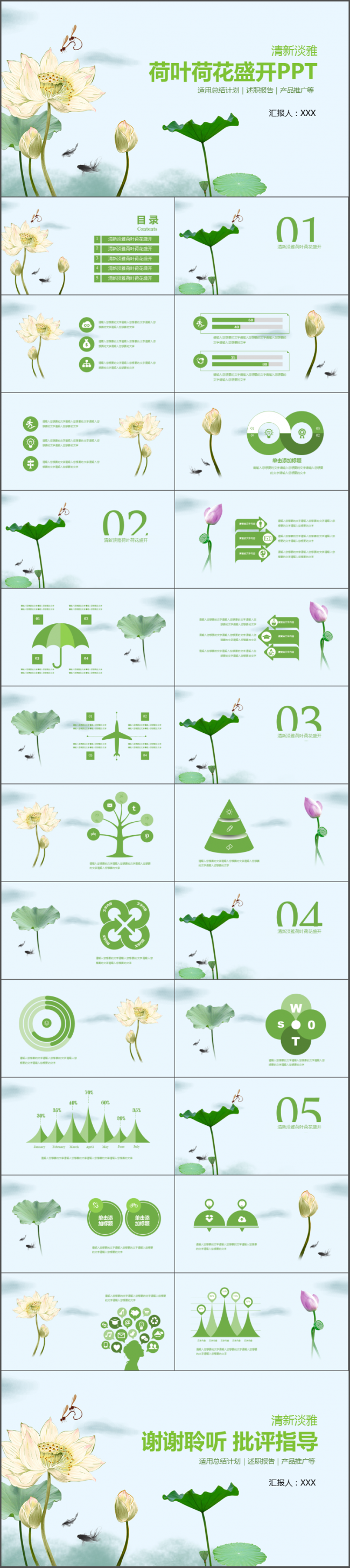 清新淡雅荷叶荷花盛开PPT 总结计划