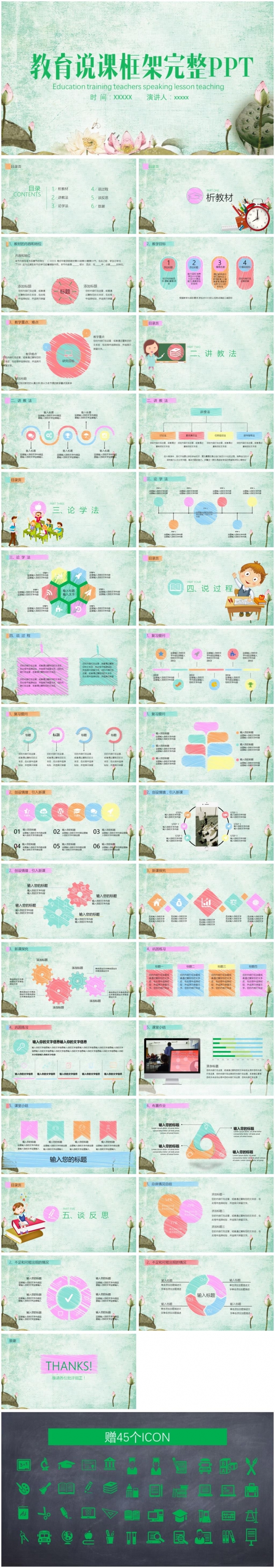 构架完整教学设计卡通说课PPT模板