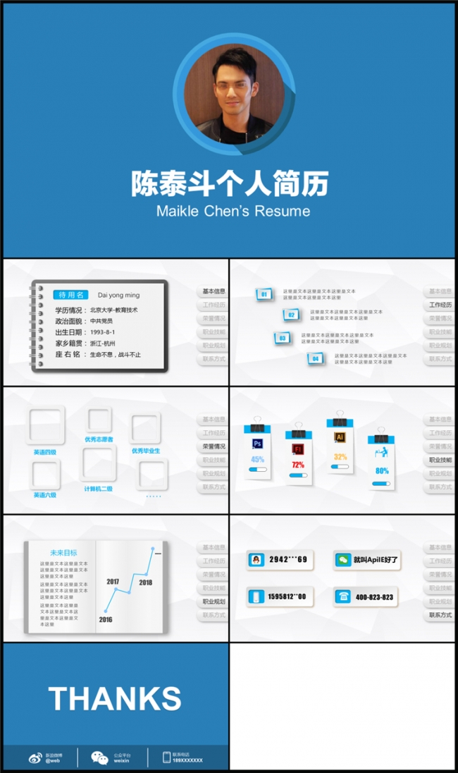 时尚蓝色个人简历自我介绍求职竞聘ppt模板