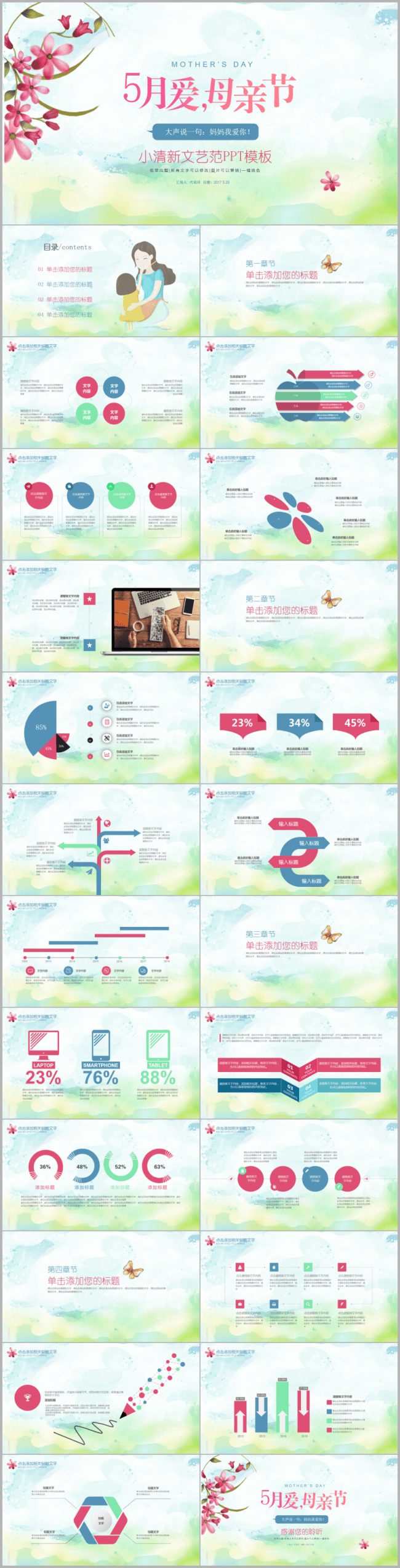 五月爱，母亲节小清新文艺范活动会议总结计划实用汇报演讲模板