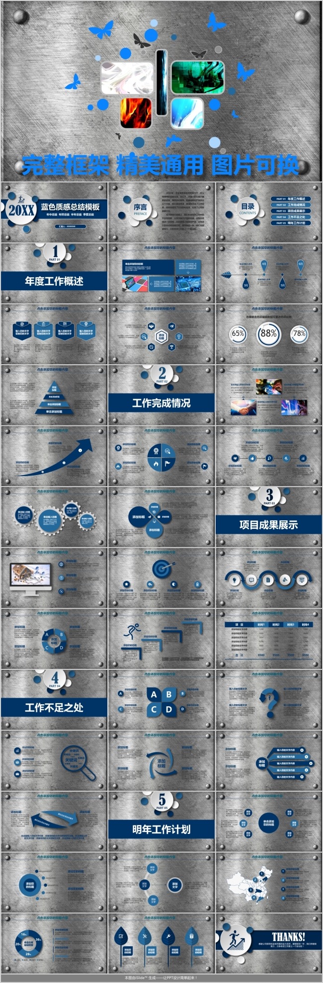 完整大气蓝色质感总结报告通用汇报模板
