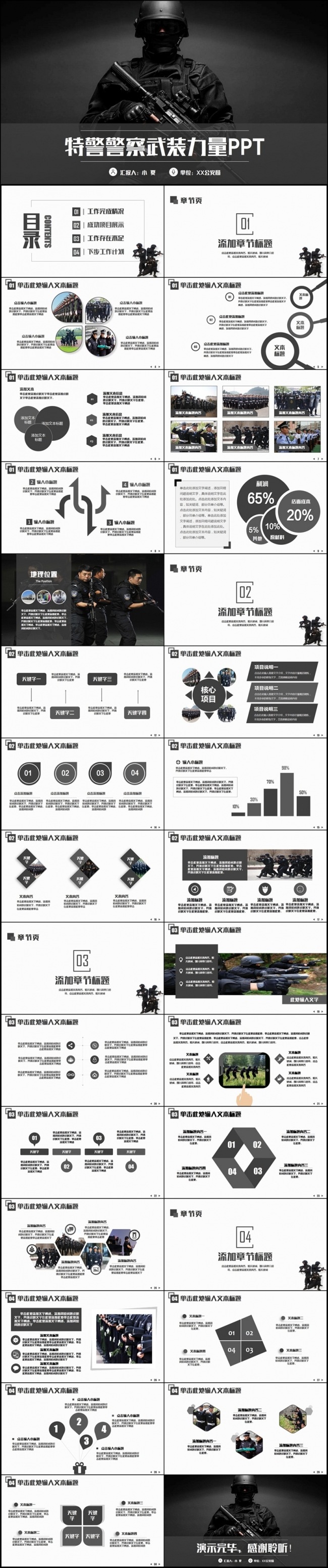 黑色大气警察公安特警武警武装力量军事士兵国防PPT