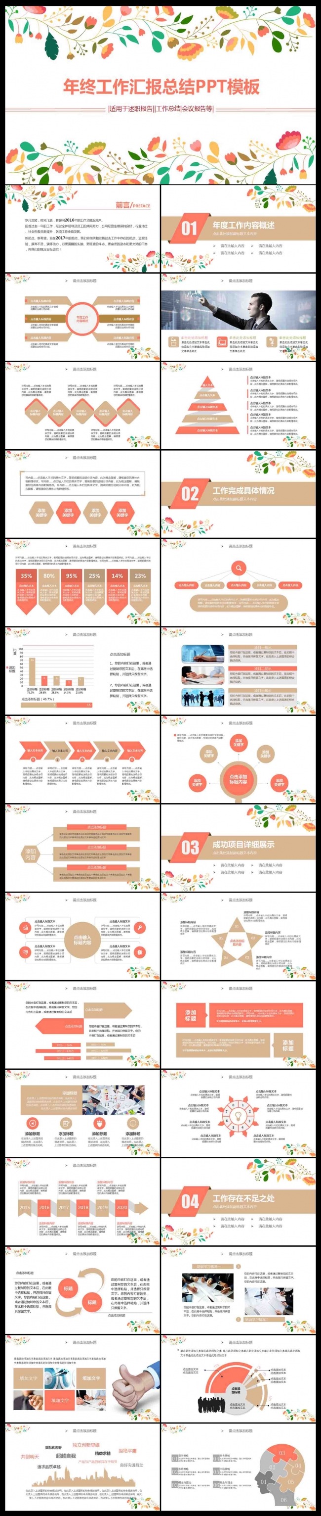 2017简约清新动态水彩小花工作总结通用PPT模板