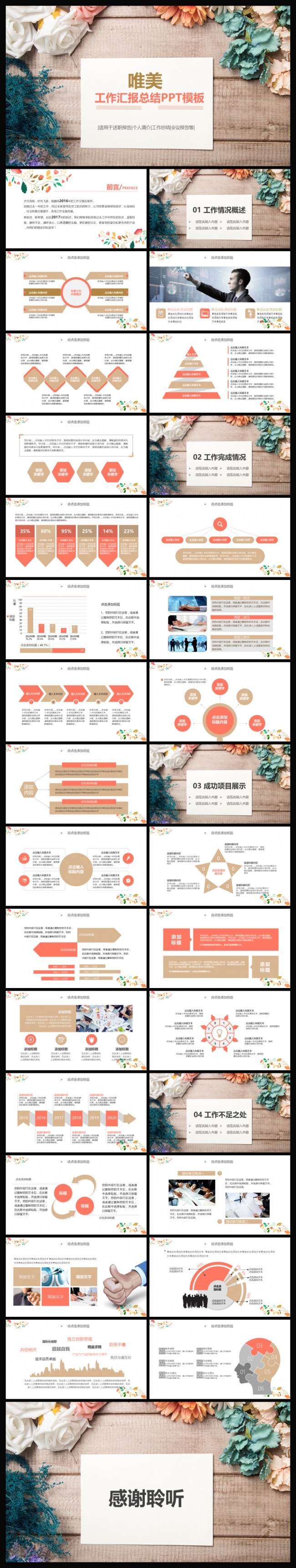 唯美花朵文艺范年中工作总结汇报PPT模板