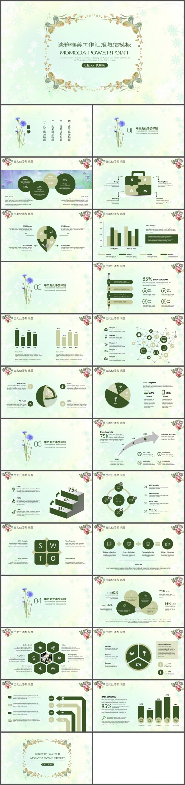 淡雅唯美小清新工作汇报总结PPT模板