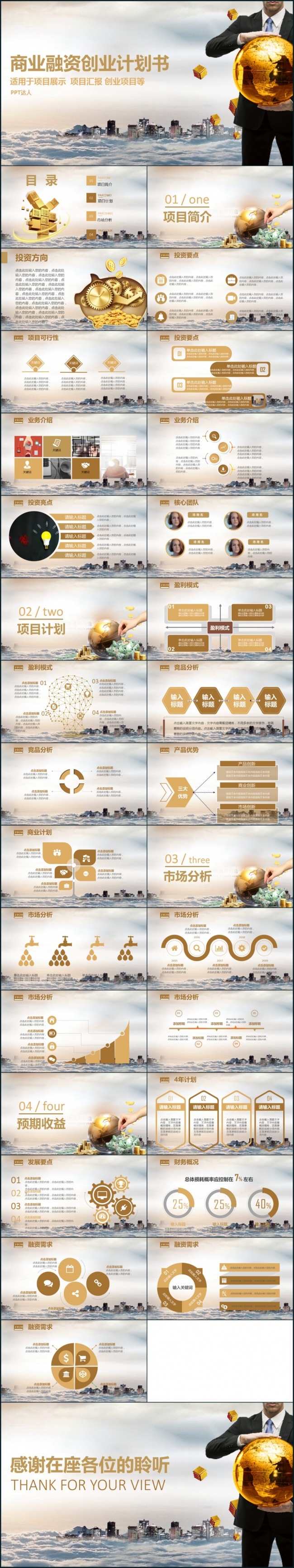 金色大气商业融资创业计划静态PPT模板