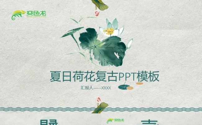 夏日荷花复古通用年中总结商务汇报ppt模板缩略图