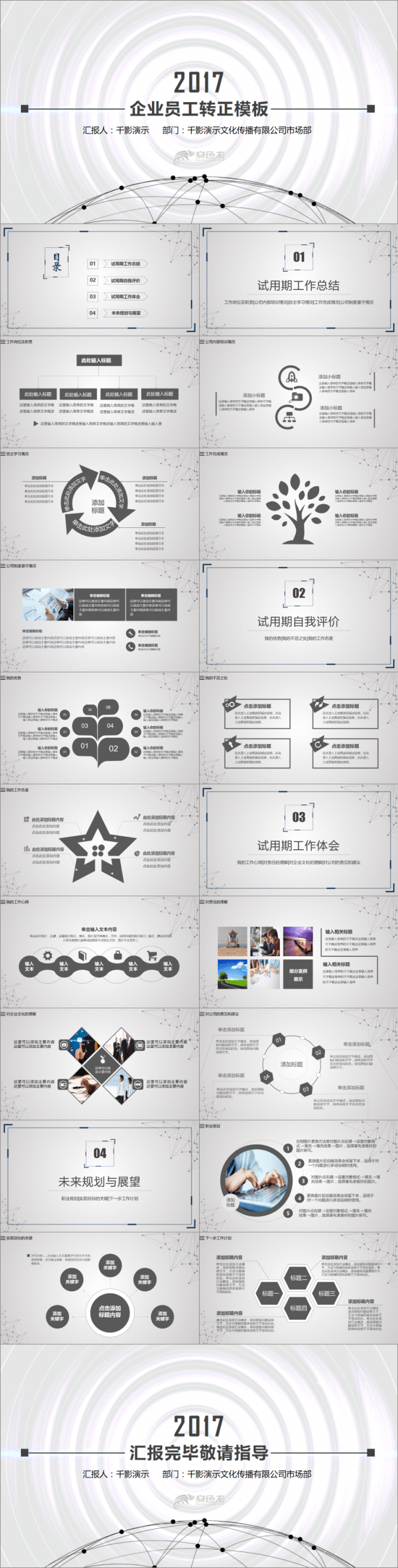 【千影演示】简约动感线条员工转正述职PPT